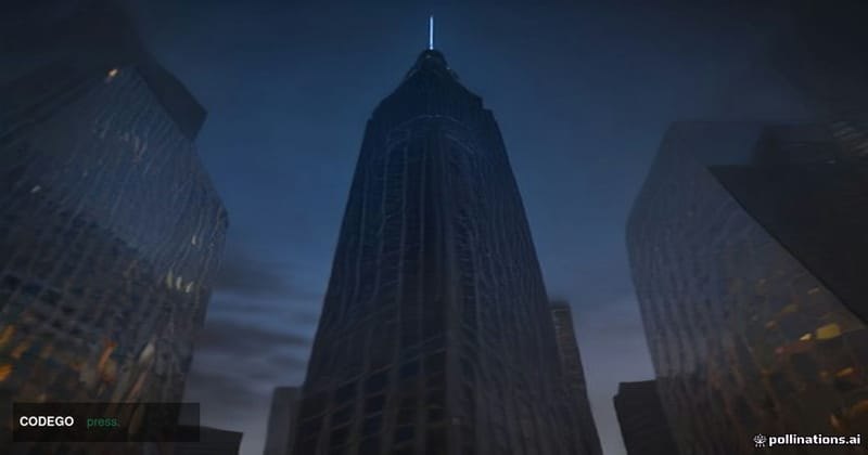 A dramatic low-angle shot of a monumental glass-and-steel financial district tower photographed at twilight, with floor-to-ce