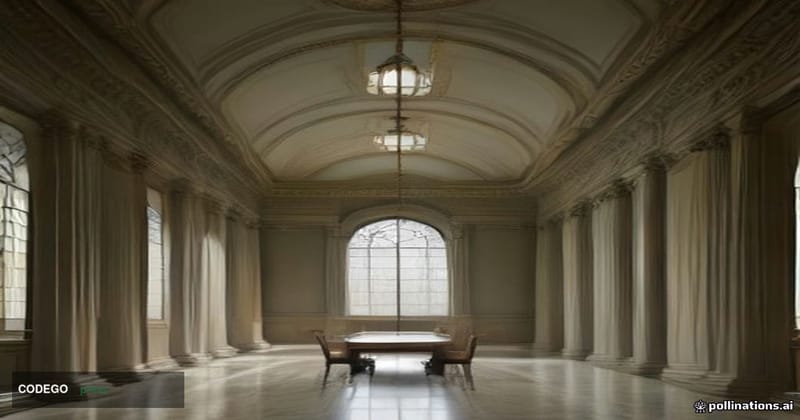 A photorealistic editorial photograph set inside a grand, neoclassical federal government building interior — marble columns,
