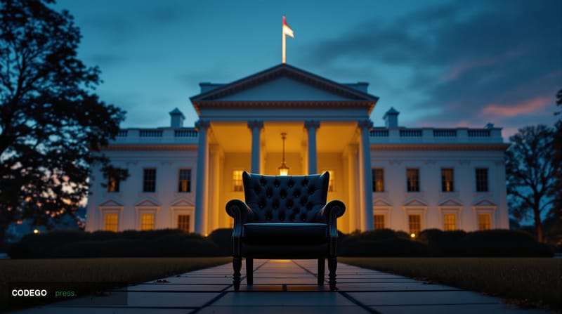 A cinematic editorial photograph of the West Wing exterior of the White House at dusk, viewed from a low angle with the iconi