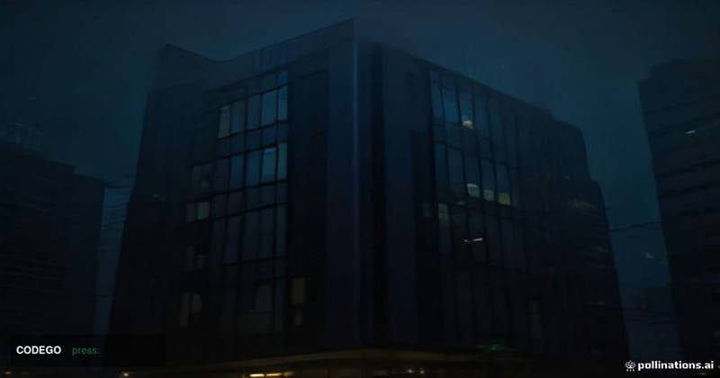 A cinematic editorial photograph set in a dimly lit Mumbai financial district at night, viewed from street level looking upwa
